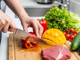 Preparing healthy vibrant meal with fresh produce and raw meat concept