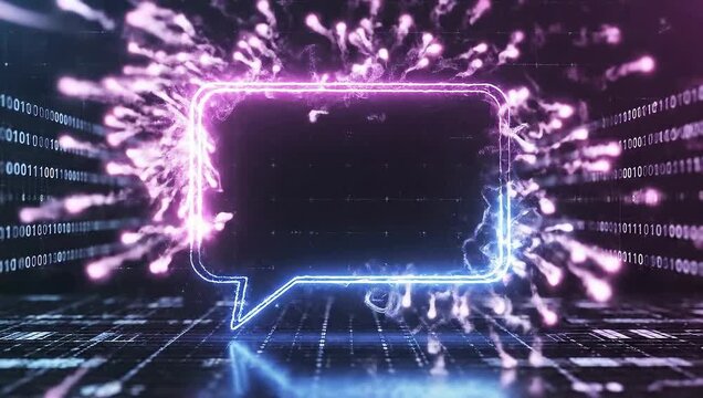 Neon chat bubble frames glow in digital cyberspace.