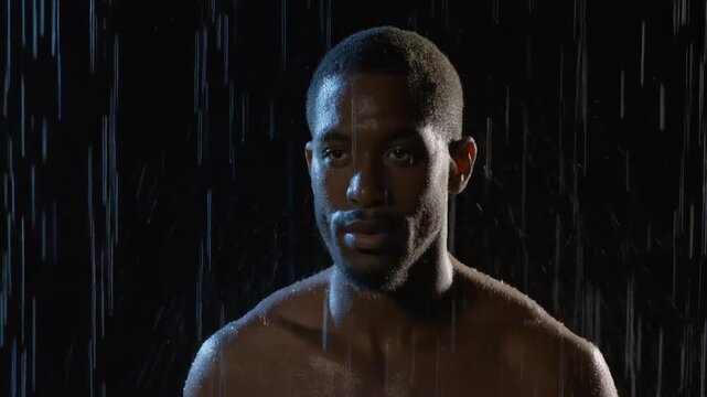 A shirtless Black man with a serious expression stands in the rain against a dark background, possibly an athlete or boxer.