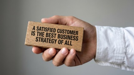 Hand Holding Wooden Block with Business Strategy Quote Focused on Customer Satisfaction and Success in Professional Setting