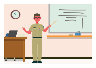 Indonesian guru. Teacher teaching in front of class. Simple flat illustration.