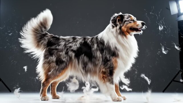 Australian Shepherd Dog Shedding Fur in Studio Setting