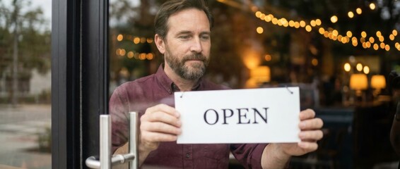 Man Displays 'Open' Sign at Local Caf&eacute;, Urban Environment, Lifestyle Event
