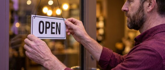 Man Hangs Open Sign at Local Caf&eacute;, Urban Environment, Action Shot