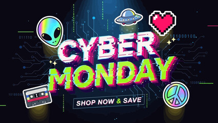 Trendy Cyber Monday promotional background with glitch effect and retro design