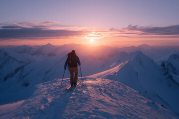 Skiing adventure at sunset on a snowy mountain peak in winter