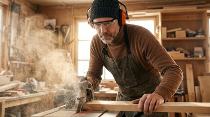 Craftsman Shaping Timber in Workshop, Creating Artistry in a Rustic Environment
