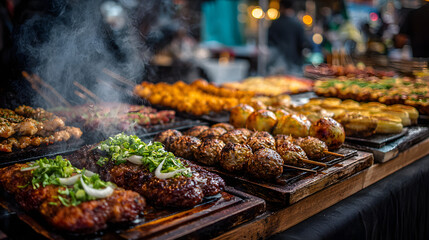 savoring a variety of international street foods at a vibrant festival