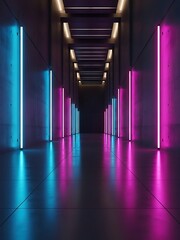 Symmetrical concrete corridor enhanced with vibrant neon illumination effect