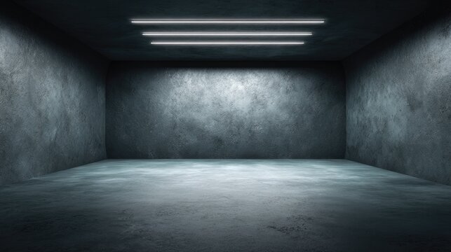 Empty concrete room with bright ceiling lights creates a dramatic mood.