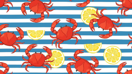 Whimsical Seamless Pattern Featuring Red Crabs and Lemon Slices on Blue and White Stripes