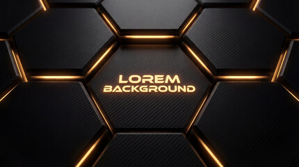 Abstract dark hexagonal background with glowing golden outlines and central text, creating a modern and futuristic design.