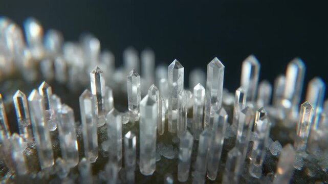 Close-up view of numerous clear, pointed mineral crystals growing upwards from a dark surface.