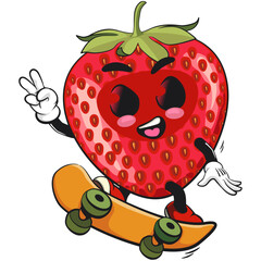 cute strawberry cartoon mascot character jumping on a skateboard and giving a peace sign smiling vector illustration, work of hand drawn