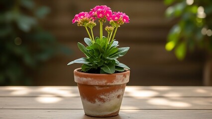 Vibrant Pink Calandiva Blossoms in Aged Terracotta Pot on Wooden Table