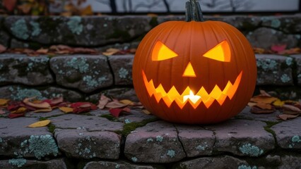 Obraz premium Glowing jack-o-lantern on stone steps with autumn leaves in a spooky outdoor setting.