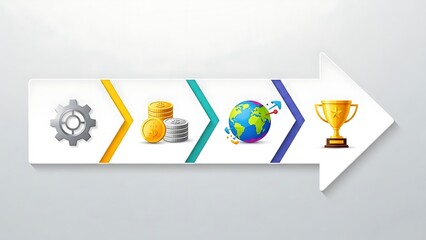 Business growth and success concept with gear, coins, globe, and trophy
