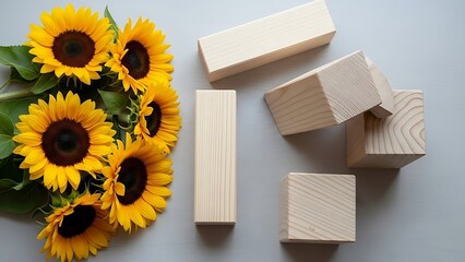 Wooden Geometric Shape Blocks with Sunflowers on a Serene Gray Background
