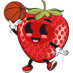 cute strawberry cartoon mascot character playing basketball vector illustration, work of hand drawn