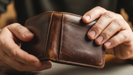 Close-up of hands holding and opening a brown leather wallet on a table