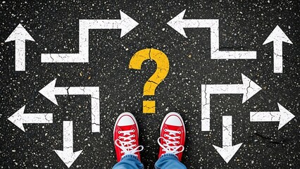 Person standing at crossroads with multiple arrows and question mark