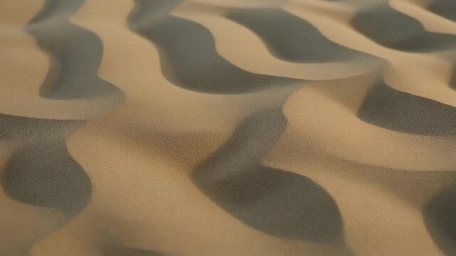 Close-up aerial view of rippling sand dunes in a desert, showing intricate patterns and shadows on the textured surface.