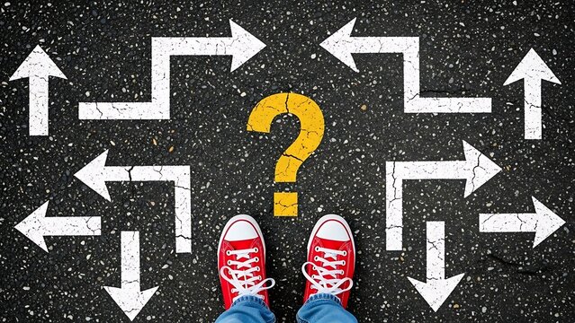 Person standing at crossroads with multiple arrows and question mark