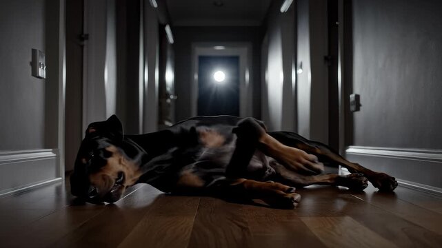 Doberman Relaxing and Stretching on Wooden Floor Inside Dark Hallway