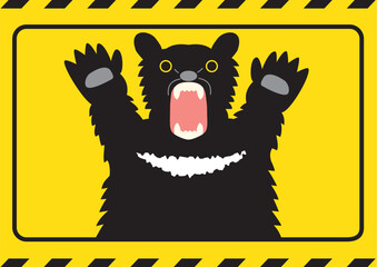 ツキノワグマがガオーっと手をあげているイラスト、背景黄色、文字なしバージョン