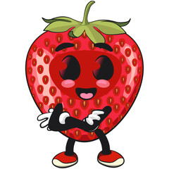cute strawberry cartoon mascot character folding his arms calmly smiling vector illustration, work of hand drawn