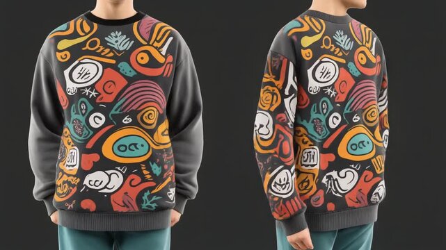 Colorful Abstract Graphic Design on a Dark Crewneck Sweatshirt