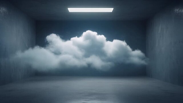 A surreal fluffy white cloud floats mysteriously in the center of a minimalist, dark concrete room with a single ceiling light.