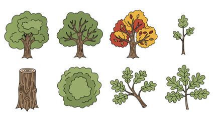 Collection of stylized trees and oak leaves in a simple cartoon drawing style