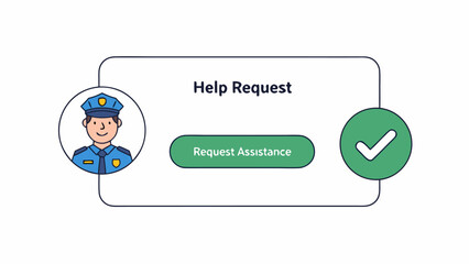 Police officer icon and help request interface with a checkmark