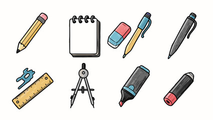 Collection of drawing and writing tools, including pencil, pens, ruler, and compass