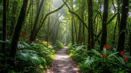 Fototapeta premium Serene forest path with lush greenery.