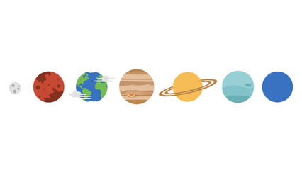 Stylized planets of our solar system in a clean, flat design on white background