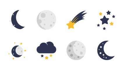 Collection of flat design icons representing celestial bodies and weather phenomena