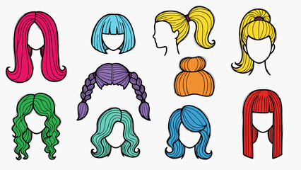 Collection of diverse cartoon hairstyles and hair colors for female characters