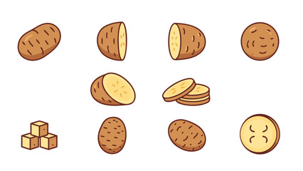 Collection of cartoon potato icons showing whole, sliced, and diced forms