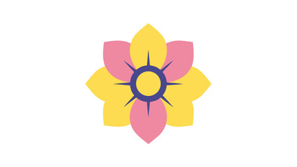 Stylized geometric flower with alternating pink and yellow petals and a dark blue center
