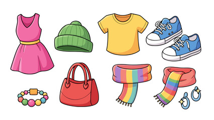 Collection of colorful cartoon clothing and accessories for children