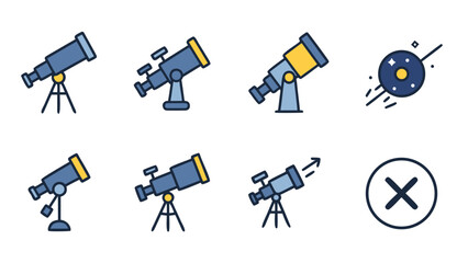 Collection of flat design telescope icons for astronomy and space exploration