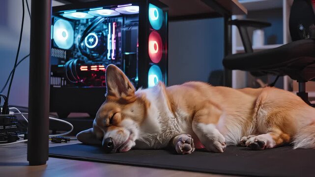 Cute Corgi Dog Sleeping Peacefully Near Glowing Gaming Computer