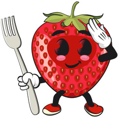 cute strawberry cartoon mascot character holding a fork ready to eat vector illustration, work of hand drawn