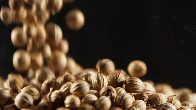 Spilling tanhued coriander seeds create a textured concentrated field against a dark backdrop