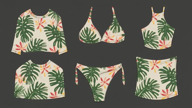 Fashionable tropical leaf print swimwear set featuring a long sleeve top, bikini, and tank top
