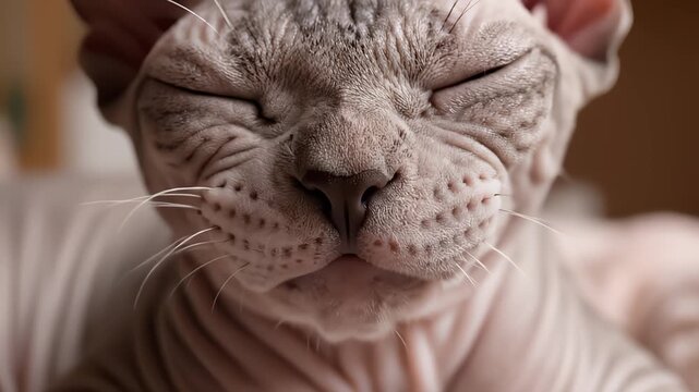 Close Up of Sphynx Cat Yawning and Sleeping Indoors