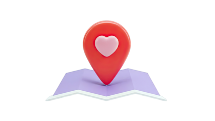 3D Red Location Pin with Pink Heart on Purple Map