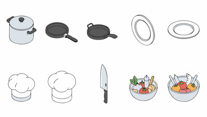 Collection of isometric kitchen utensils and food items on a white background